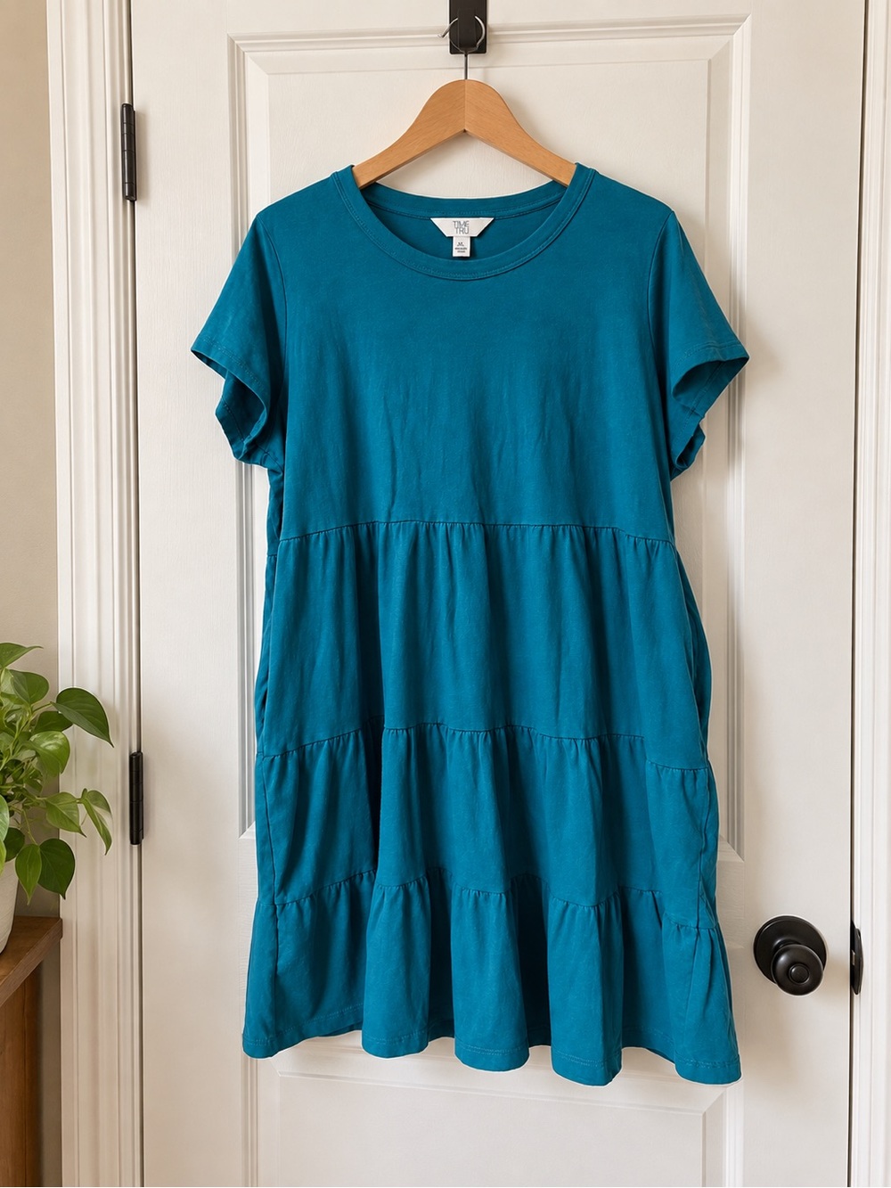 Time and Tru Teal Crewneck Short Sleeve Cotton Dress